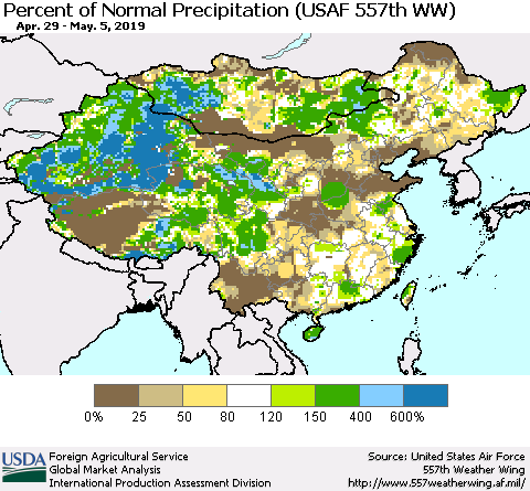 China, Mongolia and Taiwan Percent of Normal Precipitation (USAF 557th WW) Thematic Map For 4/29/2019 - 5/5/2019