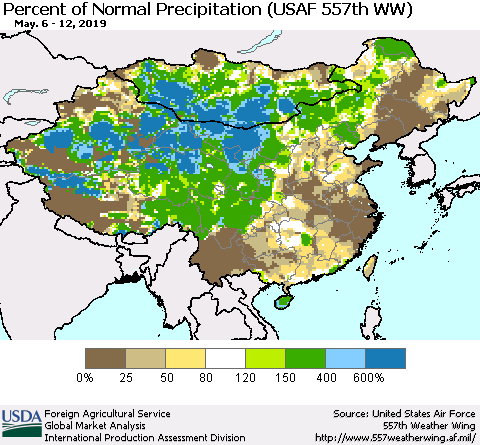 China, Mongolia and Taiwan Percent of Normal Precipitation (USAF 557th WW) Thematic Map For 5/6/2019 - 5/12/2019