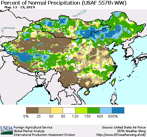 China, Mongolia and Taiwan Percent of Normal Precipitation (USAF 557th WW) Thematic Map For 5/13/2019 - 5/19/2019