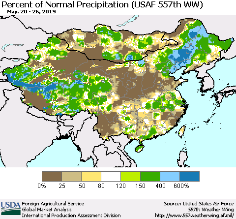 China, Mongolia and Taiwan Percent of Normal Precipitation (USAF 557th WW) Thematic Map For 5/20/2019 - 5/26/2019