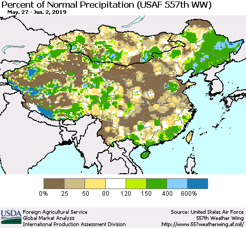 China, Mongolia and Taiwan Percent of Normal Precipitation (USAF 557th WW) Thematic Map For 5/27/2019 - 6/2/2019