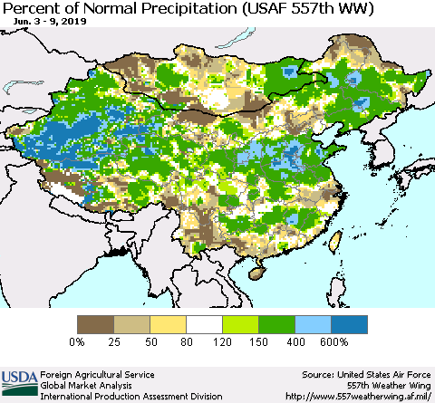 China, Mongolia and Taiwan Percent of Normal Precipitation (USAF 557th WW) Thematic Map For 6/3/2019 - 6/9/2019
