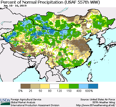 China, Mongolia and Taiwan Percent of Normal Precipitation (USAF 557th WW) Thematic Map For 6/10/2019 - 6/16/2019