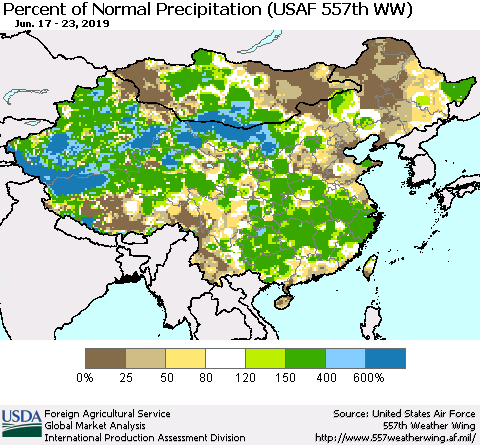 China, Mongolia and Taiwan Percent of Normal Precipitation (USAF 557th WW) Thematic Map For 6/17/2019 - 6/23/2019