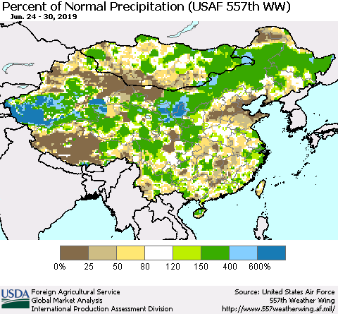 China, Mongolia and Taiwan Percent of Normal Precipitation (USAF 557th WW) Thematic Map For 6/24/2019 - 6/30/2019
