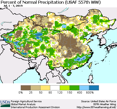 China, Mongolia and Taiwan Percent of Normal Precipitation (USAF 557th WW) Thematic Map For 7/1/2019 - 7/7/2019