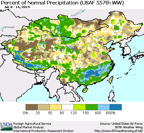 China, Mongolia and Taiwan Percent of Normal Precipitation (USAF 557th WW) Thematic Map For 7/8/2019 - 7/14/2019