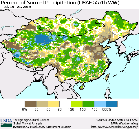 China, Mongolia and Taiwan Percent of Normal Precipitation (USAF 557th WW) Thematic Map For 7/15/2019 - 7/21/2019