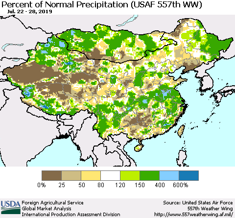 China, Mongolia and Taiwan Percent of Normal Precipitation (USAF 557th WW) Thematic Map For 7/22/2019 - 7/28/2019