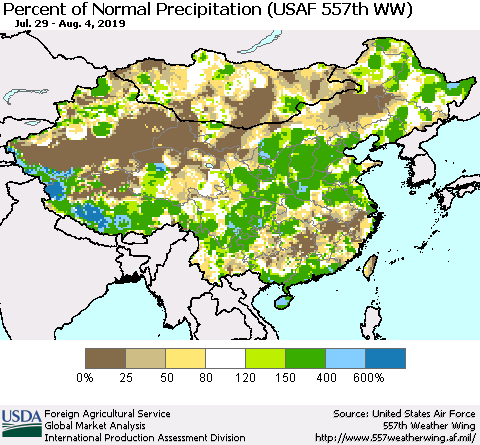 China, Mongolia and Taiwan Percent of Normal Precipitation (USAF 557th WW) Thematic Map For 7/29/2019 - 8/4/2019