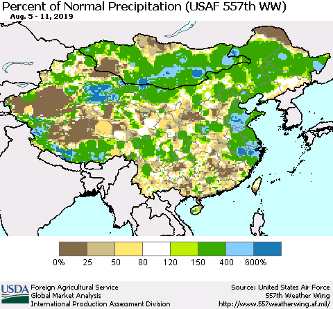 China, Mongolia and Taiwan Percent of Normal Precipitation (USAF 557th WW) Thematic Map For 8/5/2019 - 8/11/2019