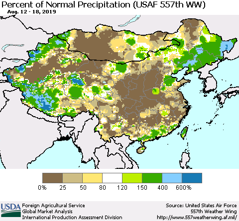 China, Mongolia and Taiwan Percent of Normal Precipitation (USAF 557th WW) Thematic Map For 8/12/2019 - 8/18/2019