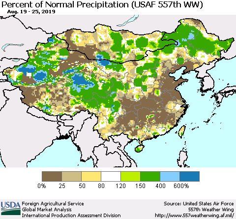 China, Mongolia and Taiwan Percent of Normal Precipitation (USAF 557th WW) Thematic Map For 8/19/2019 - 8/25/2019