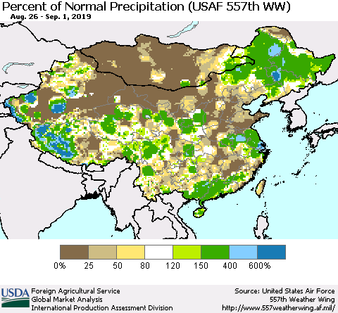 China, Mongolia and Taiwan Percent of Normal Precipitation (USAF 557th WW) Thematic Map For 8/26/2019 - 9/1/2019