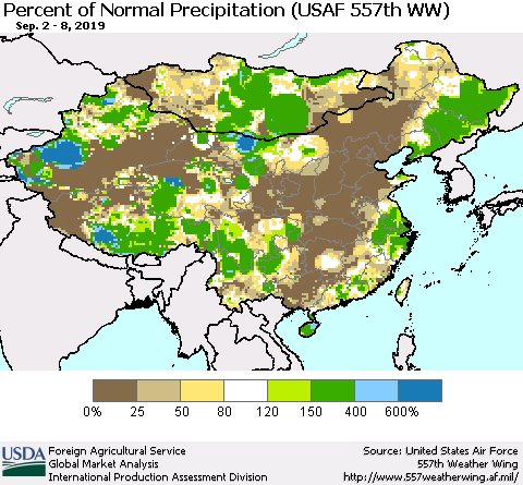 China, Mongolia and Taiwan Percent of Normal Precipitation (USAF 557th WW) Thematic Map For 9/2/2019 - 9/8/2019