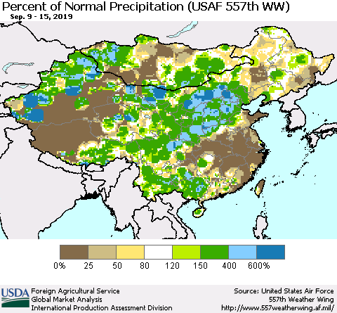 China, Mongolia and Taiwan Percent of Normal Precipitation (USAF 557th WW) Thematic Map For 9/9/2019 - 9/15/2019