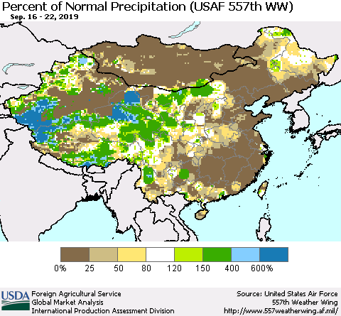 China, Mongolia and Taiwan Percent of Normal Precipitation (USAF 557th WW) Thematic Map For 9/16/2019 - 9/22/2019