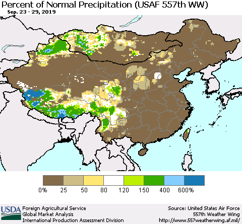 China, Mongolia and Taiwan Percent of Normal Precipitation (USAF 557th WW) Thematic Map For 9/23/2019 - 9/29/2019