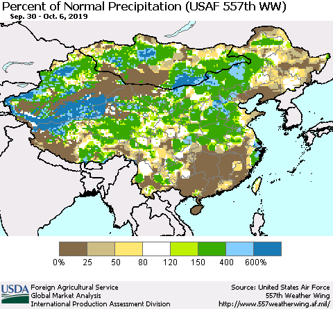China, Mongolia and Taiwan Percent of Normal Precipitation (USAF 557th WW) Thematic Map For 9/30/2019 - 10/6/2019