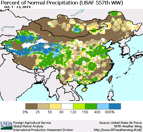 China, Mongolia and Taiwan Percent of Normal Precipitation (USAF 557th WW) Thematic Map For 10/7/2019 - 10/13/2019