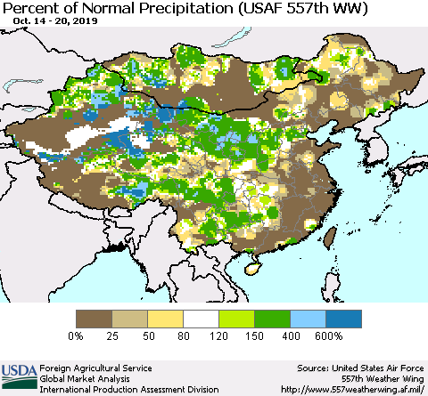 China, Mongolia and Taiwan Percent of Normal Precipitation (USAF 557th WW) Thematic Map For 10/14/2019 - 10/20/2019