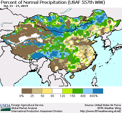 China, Mongolia and Taiwan Percent of Normal Precipitation (USAF 557th WW) Thematic Map For 10/21/2019 - 10/27/2019
