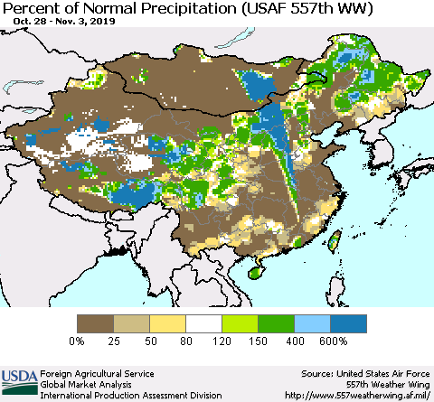 China, Mongolia and Taiwan Percent of Normal Precipitation (USAF 557th WW) Thematic Map For 10/28/2019 - 11/3/2019