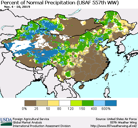 China, Mongolia and Taiwan Percent of Normal Precipitation (USAF 557th WW) Thematic Map For 11/4/2019 - 11/10/2019