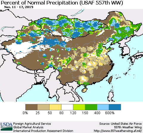 China, Mongolia and Taiwan Percent of Normal Precipitation (USAF 557th WW) Thematic Map For 11/11/2019 - 11/17/2019