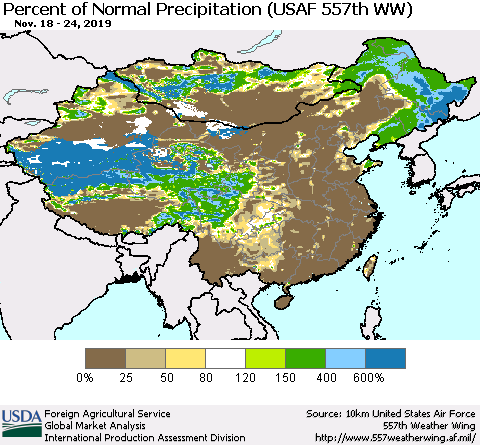 China, Mongolia and Taiwan Percent of Normal Precipitation (USAF 557th WW) Thematic Map For 11/18/2019 - 11/24/2019