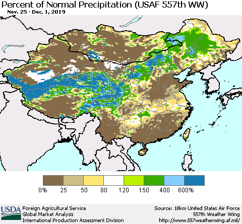 China, Mongolia and Taiwan Percent of Normal Precipitation (USAF 557th WW) Thematic Map For 11/25/2019 - 12/1/2019