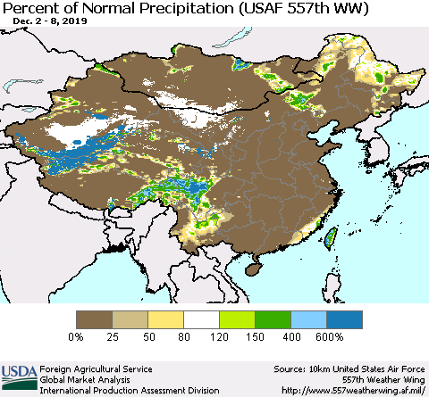 China, Mongolia and Taiwan Percent of Normal Precipitation (USAF 557th WW) Thematic Map For 12/2/2019 - 12/8/2019