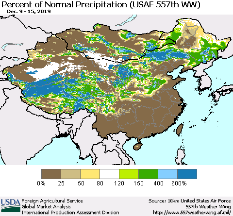China, Mongolia and Taiwan Percent of Normal Precipitation (USAF 557th WW) Thematic Map For 12/9/2019 - 12/15/2019