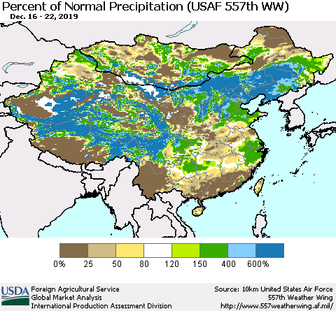 China, Mongolia and Taiwan Percent of Normal Precipitation (USAF 557th WW) Thematic Map For 12/16/2019 - 12/22/2019