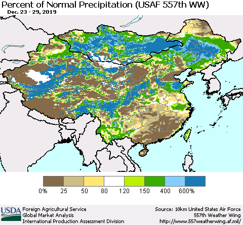 China, Mongolia and Taiwan Percent of Normal Precipitation (USAF 557th WW) Thematic Map For 12/23/2019 - 12/29/2019