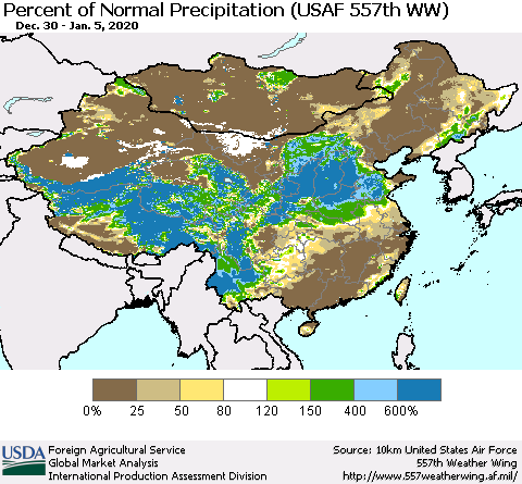 China, Mongolia and Taiwan Percent of Normal Precipitation (USAF 557th WW) Thematic Map For 12/30/2019 - 1/5/2020