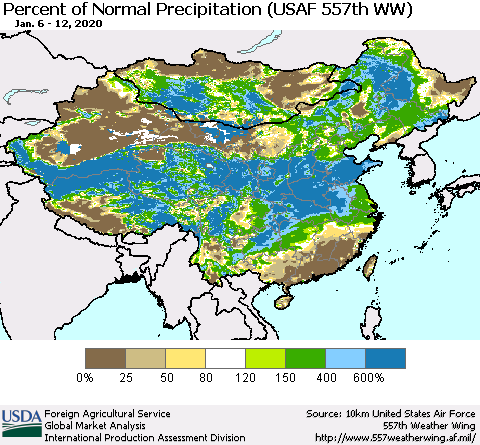 China, Mongolia and Taiwan Percent of Normal Precipitation (USAF 557th WW) Thematic Map For 1/6/2020 - 1/12/2020