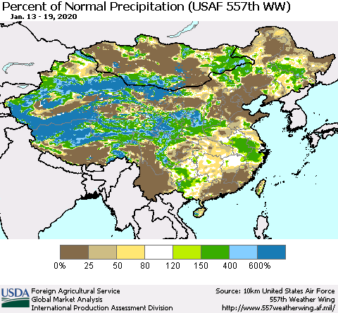 China, Mongolia and Taiwan Percent of Normal Precipitation (USAF 557th WW) Thematic Map For 1/13/2020 - 1/19/2020