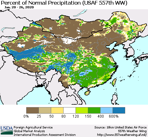 China, Mongolia and Taiwan Percent of Normal Precipitation (USAF 557th WW) Thematic Map For 1/20/2020 - 1/26/2020