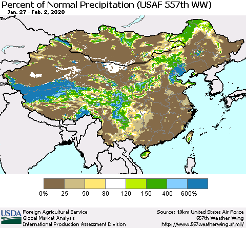 China, Mongolia and Taiwan Percent of Normal Precipitation (USAF 557th WW) Thematic Map For 1/27/2020 - 2/2/2020