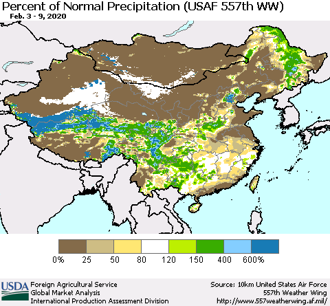 China, Mongolia and Taiwan Percent of Normal Precipitation (USAF 557th WW) Thematic Map For 2/3/2020 - 2/9/2020