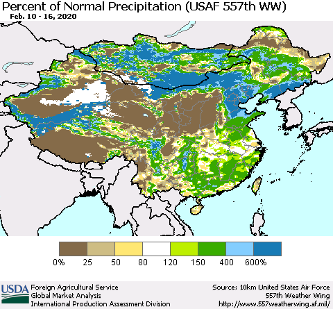 China, Mongolia and Taiwan Percent of Normal Precipitation (USAF 557th WW) Thematic Map For 2/10/2020 - 2/16/2020