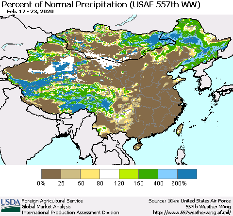 China, Mongolia and Taiwan Percent of Normal Precipitation (USAF 557th WW) Thematic Map For 2/17/2020 - 2/23/2020
