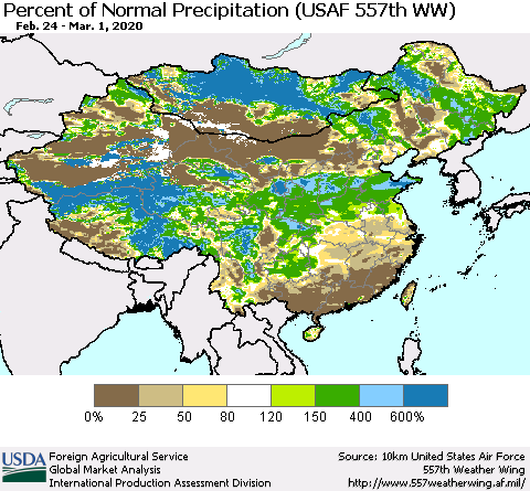 China, Mongolia and Taiwan Percent of Normal Precipitation (USAF 557th WW) Thematic Map For 2/24/2020 - 3/1/2020
