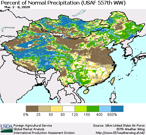China, Mongolia and Taiwan Percent of Normal Precipitation (USAF 557th WW) Thematic Map For 3/2/2020 - 3/8/2020