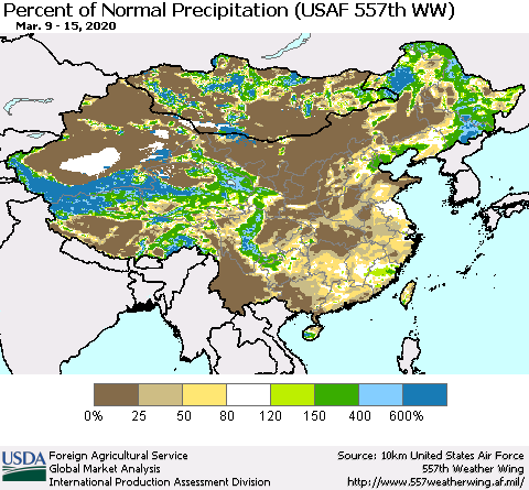 China, Mongolia and Taiwan Percent of Normal Precipitation (USAF 557th WW) Thematic Map For 3/9/2020 - 3/15/2020
