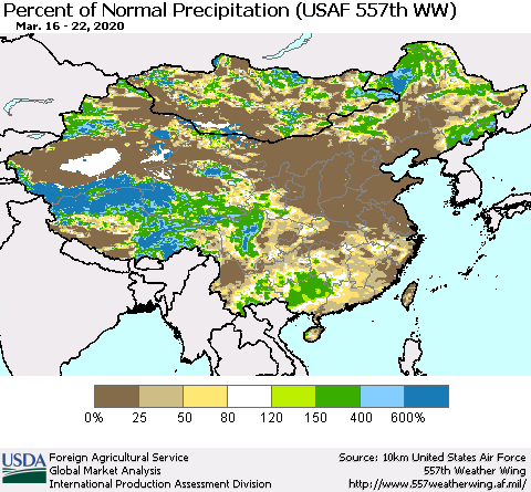 China, Mongolia and Taiwan Percent of Normal Precipitation (USAF 557th WW) Thematic Map For 3/16/2020 - 3/22/2020