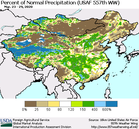 China, Mongolia and Taiwan Percent of Normal Precipitation (USAF 557th WW) Thematic Map For 3/23/2020 - 3/29/2020