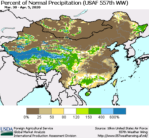 China, Mongolia and Taiwan Percent of Normal Precipitation (USAF 557th WW) Thematic Map For 3/30/2020 - 4/5/2020