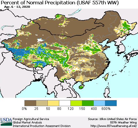 China, Mongolia and Taiwan Percent of Normal Precipitation (USAF 557th WW) Thematic Map For 4/6/2020 - 4/12/2020